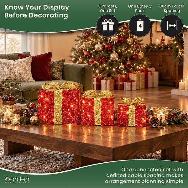 Set of 3 Light-Up Red Christmas Parcels with Gold Bows, 35 White LEDs, Static & Flash Modes, Battery Powered Chain Decoration
