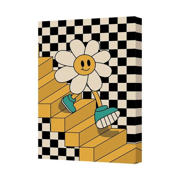 Benjamin Tate Design Whimsical Daisy Smile Canvas Art Print On Yellow Steps Handmade In UK