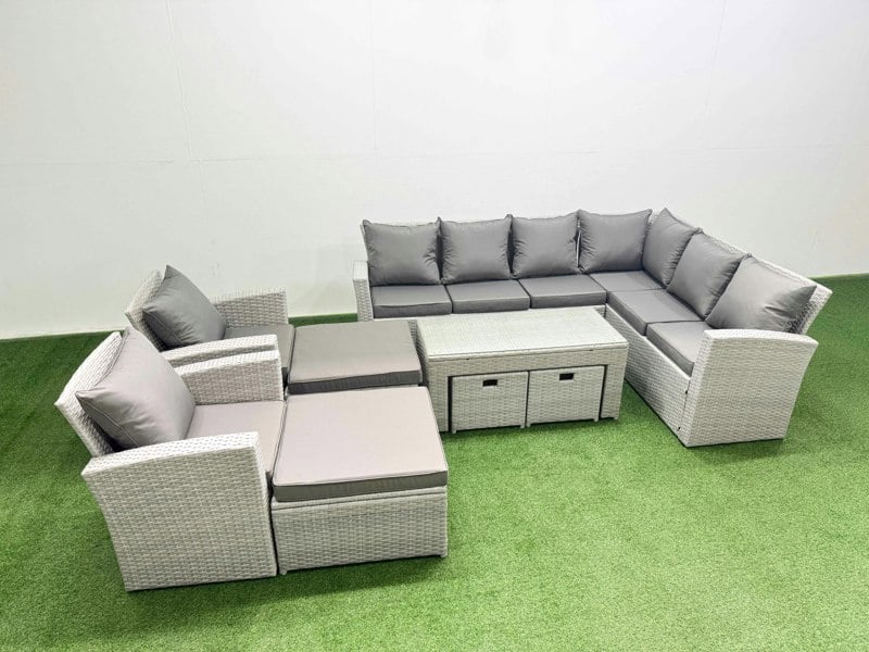 Fimous Rattan Garden Furniture Set 9 Pieces Outdoor Garden Sofa Oblong Coffee Table Set with 2 Chairs 4 Footstools Light Grey Mixed