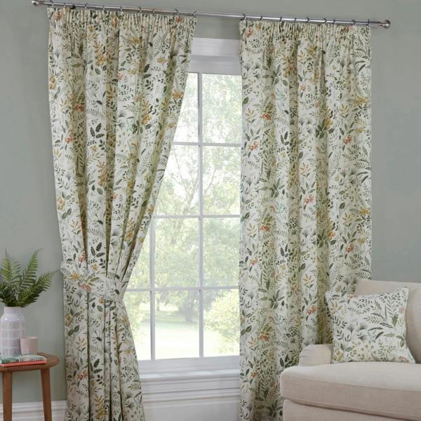 Sundour Cleo Ready Made Floral Pencil Pleat Curtains Willow
