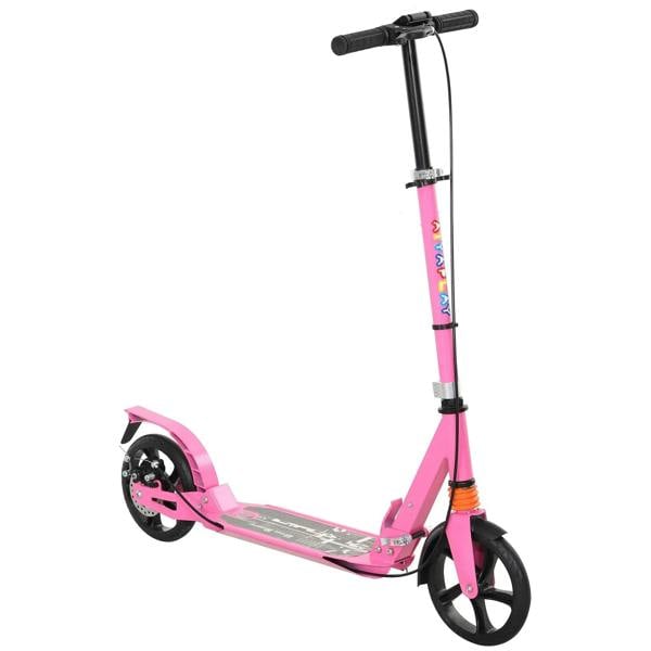 Kids pink kick scooter with black wheels and adjustable handlebar