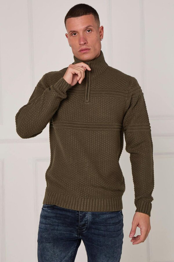 Elaina Fashion Men’s Textured Half Zip Jumper - Khaki