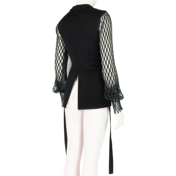 Ellery black satin tailored fit top with latticework sleeves