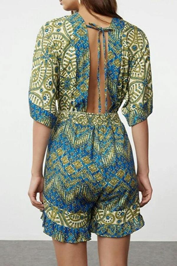 WOVCOR Ethnic Patterned Woven Cut Out Detail Beach Mini Playsuit