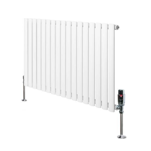 Oval single column radiator in white, 600mm x 1020mm, featuring sleek vertical fins and chrome valves for modern heating solutions