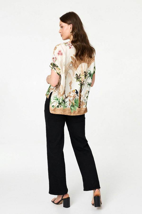 Green | Tropical Relaxed Split Hem Top