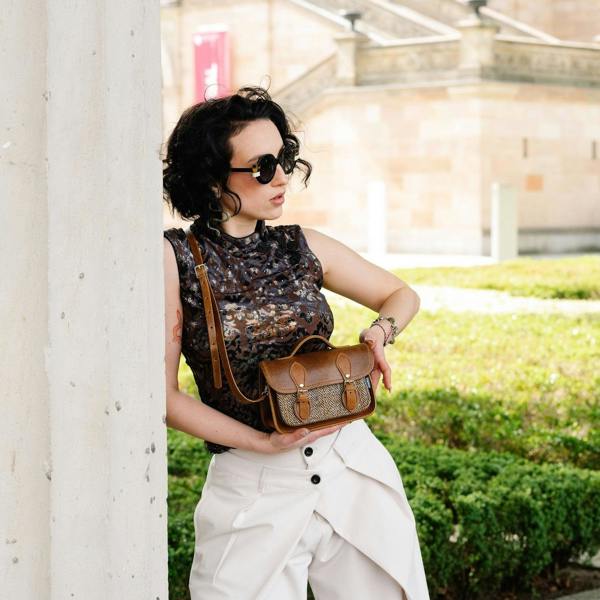Zatchels Handmade Tannery Leather and Tweed Cross Body Micro Satchel Plus - Tan