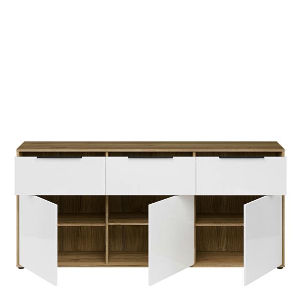Furniture To Go Orkney 3 Drawer Sideboard with 3 Doors in Mauvella Oak and White Gloss