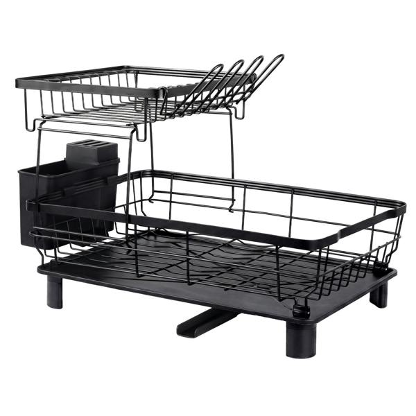 TOQUE 2 Tier Dish Drainer Rack Drip Tray Cutlery Holder Plate Rack Kitchen Sink