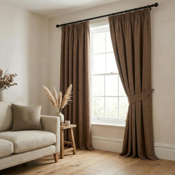 Malaga made-to-measure curtains in Chocolate, styled in a living room