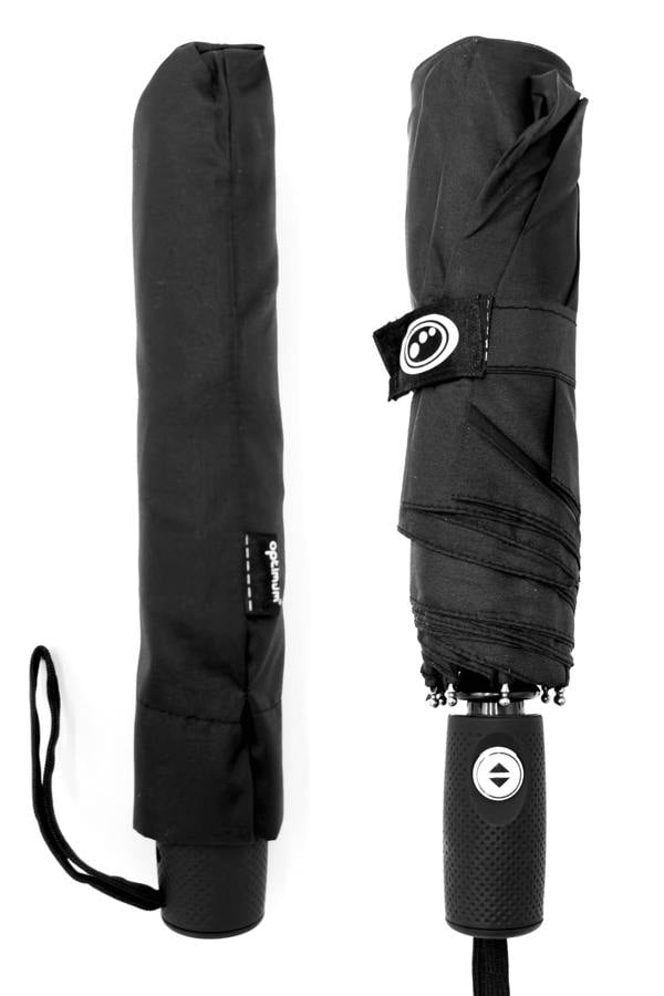 Folded black Optimum compact umbrella in sleeve and out with auto-open handle and logo tab, on white - Optimum