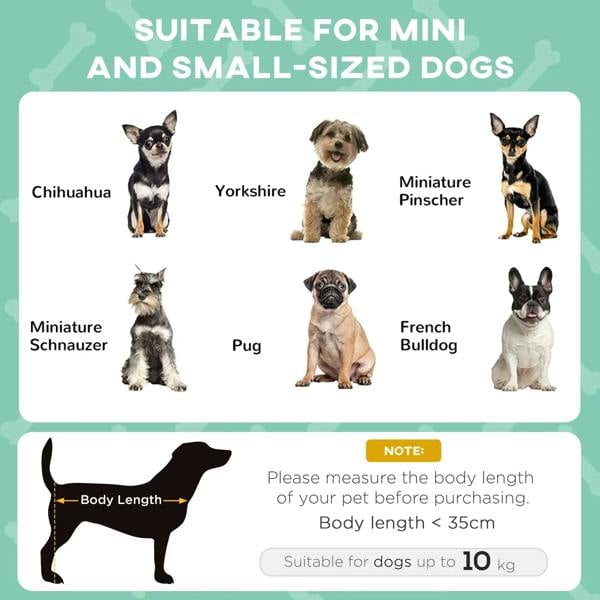 Small dog sizing guide graphic for a raised pet bed with removable canopy