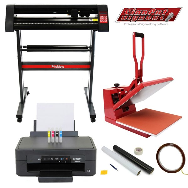 38cm clam press in red, 720mm vinyl cutter with black and red design, Epson printer with ink cartridges, and weeding kit displayed together