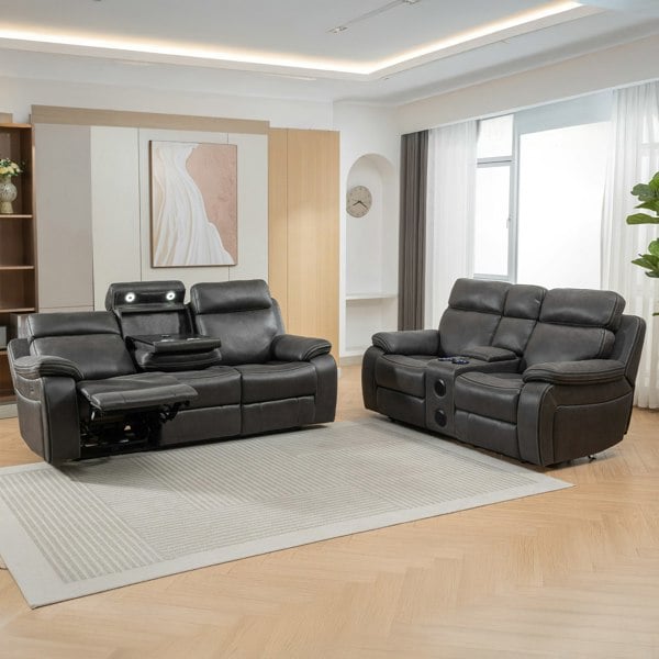 Furnishings For Less Tokyo 3 + 2 Electric Bluetooth Reclining Leather Like Sofa Suite