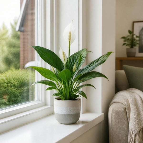 Peace Lily Plant 12cm - Air Purifying Houseplant Elegant Indoor Plant with White Flowers - Grey Stoneware Pot - 1