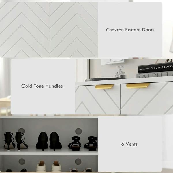 White shoe storage cabinet with chevron doors, gold-tone handles, and 6 ventilation vents