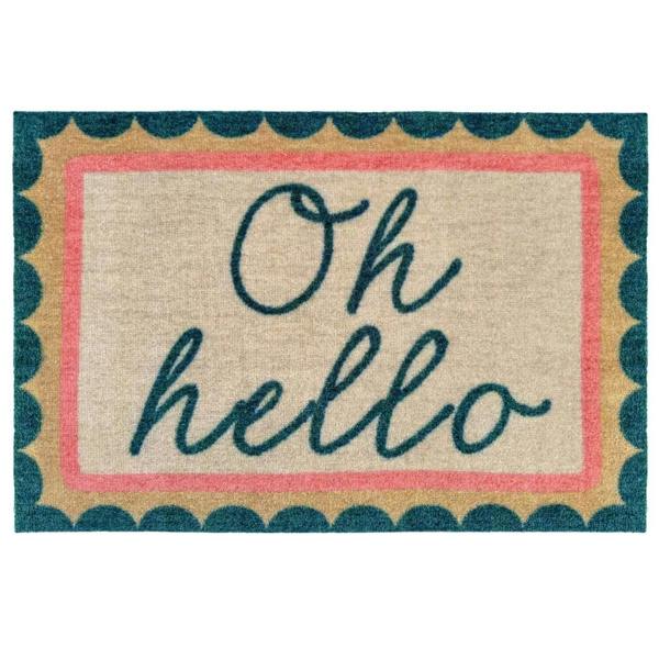 Doormat with 'Oh hello' text on a white background