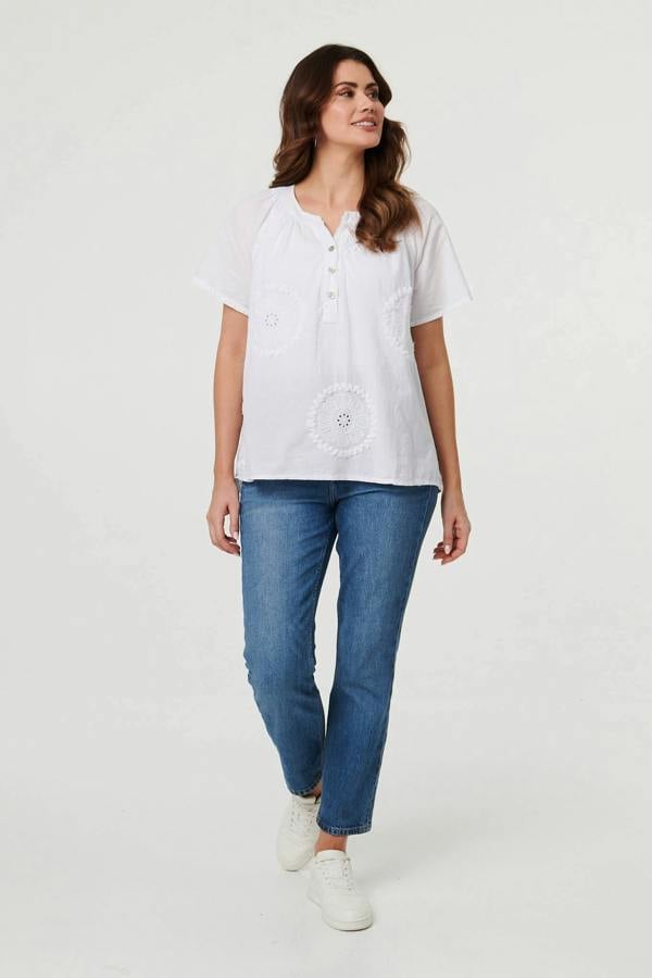 White | Embroidered Short Sleeve Relaxed Blouse
