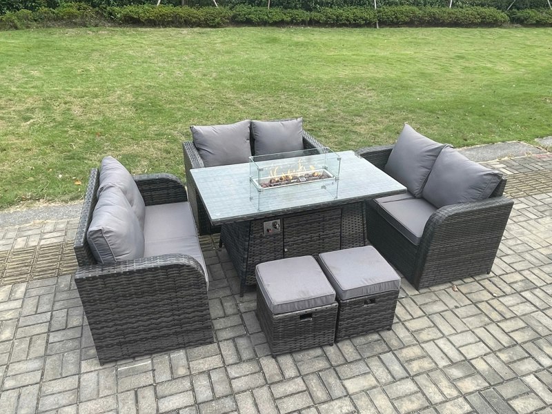 Fimous Rattan Outdoor Garden Furniture Set with Gas Fire Pit Table, 2 Small Footstools, 3 Love Sofas -  8 Seater - Dark Grey 