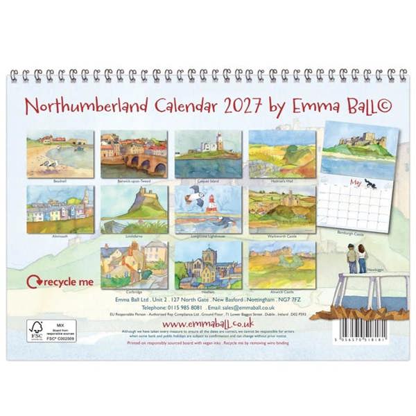 Emma Ball, Northumberland A4 Calendar 2027, Wall Calendars, Month To View, Travel, Gift