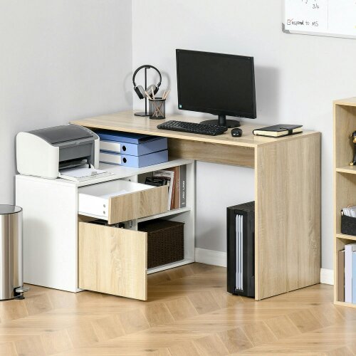Wyld Haus Kavi 120cm Wooden Oak And White L Shaped Desk With Drawer Shelving And Storage Cabinetm