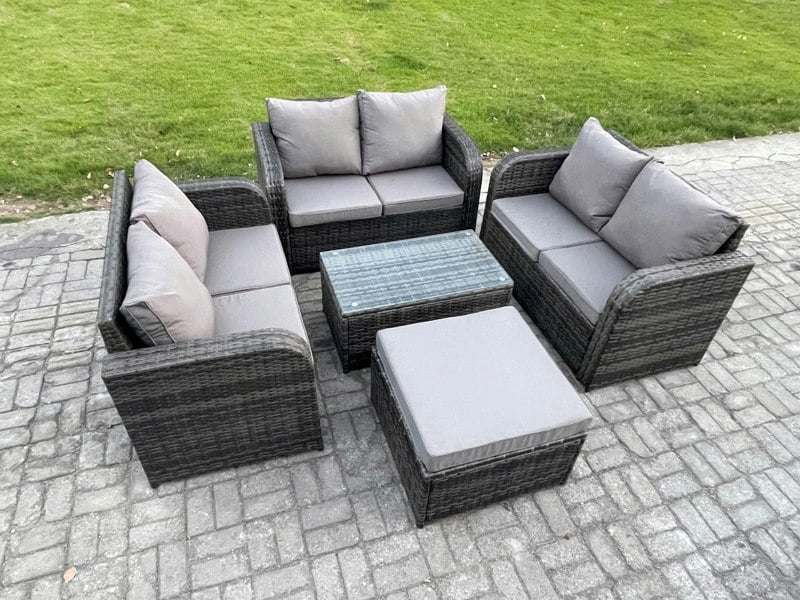 Fimous Outdoor Garden Furniture Sets 7 Seater Wicker Rattan Furniture Sofa Sets with Rectangular Coffee Table Love Sofa Big Footstool Dark Grey Mixed