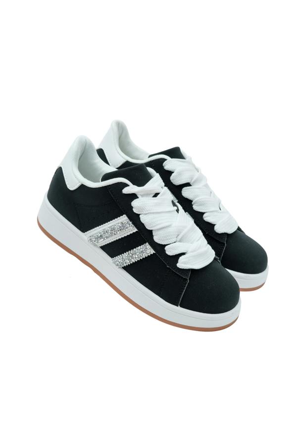 Crystal Stripe Trainers Limited Edition Black, drawing attention to rubber sole for grip and durability