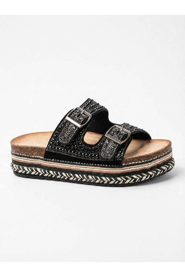 Aria Womens Rhinestone Buckle Platform Sandals - BLACK