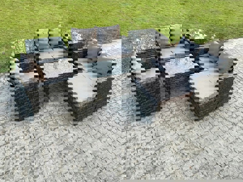Fimous 7pcs Rattan Outdoor Garden Furniture Sofa Set with Coffee Table 2 Side Tables Big Footstool Dark Grey Mixed