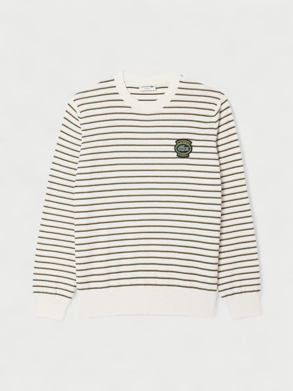 Lacoste Striped Cotton Badge Crew Neck Sweater White