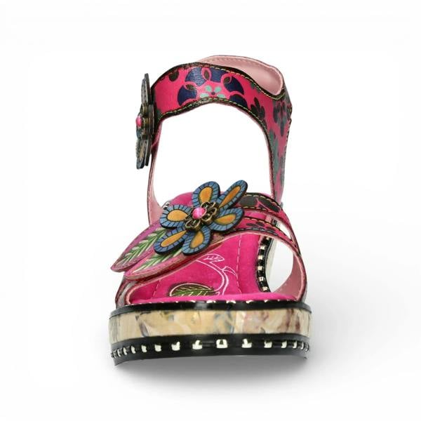 Laura Vita Ballon 08 - Women's Pink Floral Leather Wedge Sandals