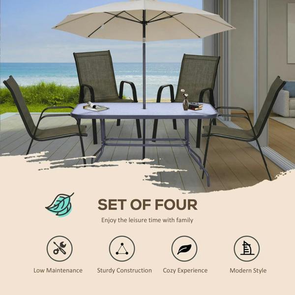 Mesh seat chairs in mixed brown with black frames shown on an outdoor patio