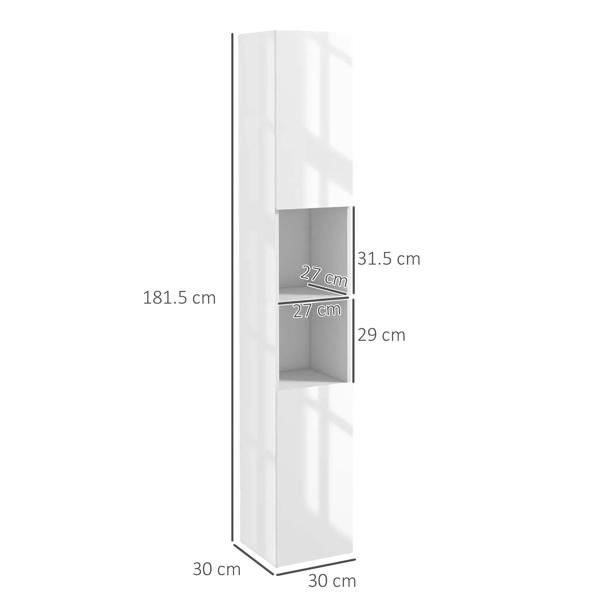 White freestanding bathroom cabinet with open door and three-tier interior, with dimensions