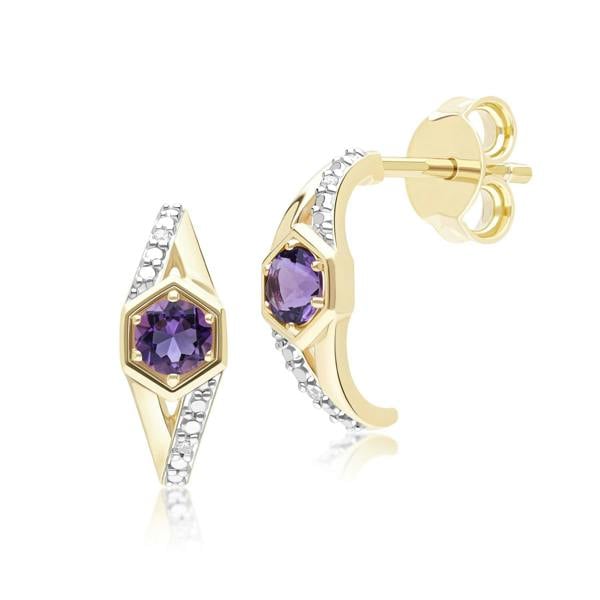 Gemondo Geometric Hexagon with Prong set Round Amethyst and Diamond Half Hoop Earrings in 9ct Yellow Gold