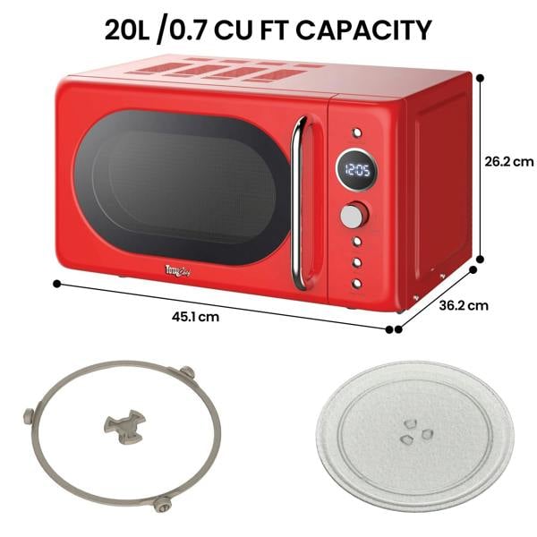 Total Chef Retro Microwave Oven 20L 700W Red Countertop Microwave with Timer, Defrost & 5 Power Levels