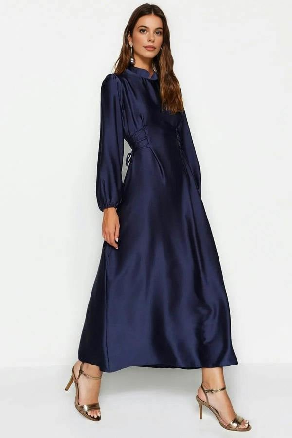 WOVCOR Belted Satin Evening Dress