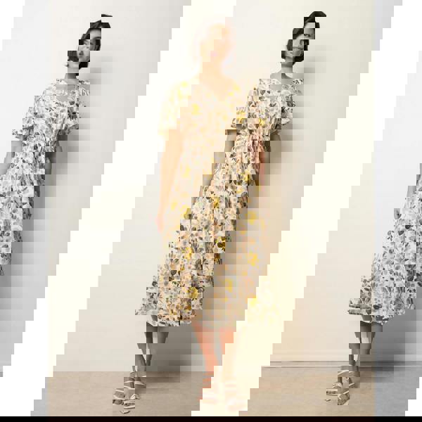 Blue Vanilla Leaf Print Tie Waist Shirt Midi Dress