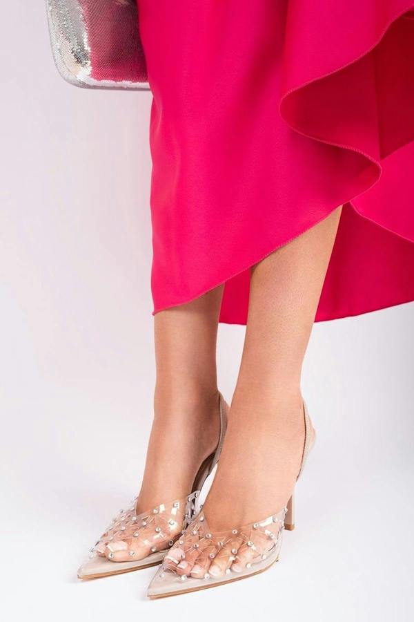 Soraya Studded Pointed Slingback Heels - Nude