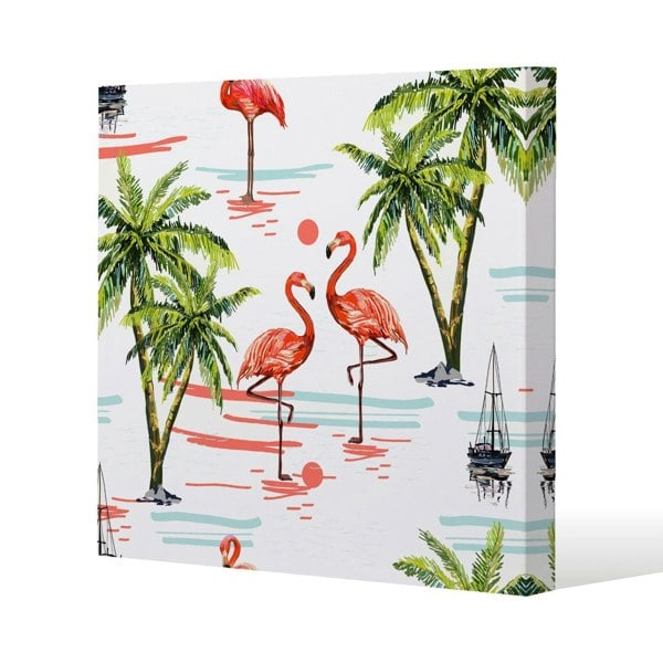 Benjamin Tate Design Flamingo & Palm Trees Slim Style Canvas Print  30x30cm , 15mm Slim Real wood.