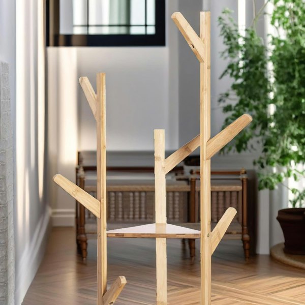 Rafaelo Mobilia Bamboo Coat Stand With 9 Hooks & 2 Shelves