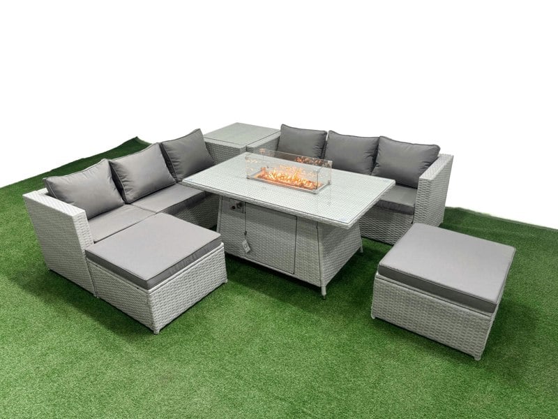 Fimous 8 Seat PE Rattan Lounge Sofa Set Outdoor Garden Furniture Set with Fire Pit Dining Table 3 Seater Sofa 2 Stools Side Table Light Grey