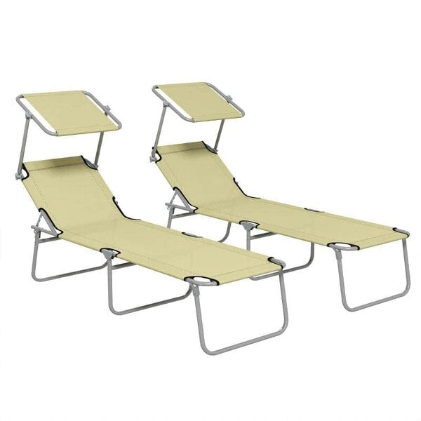 Bobobiy Folding Sun Lounger Set of 2 with Canopy, Reclining Sunbed with 4-Position Adjustable Backrest, 600D Oxford Cloth, Beige