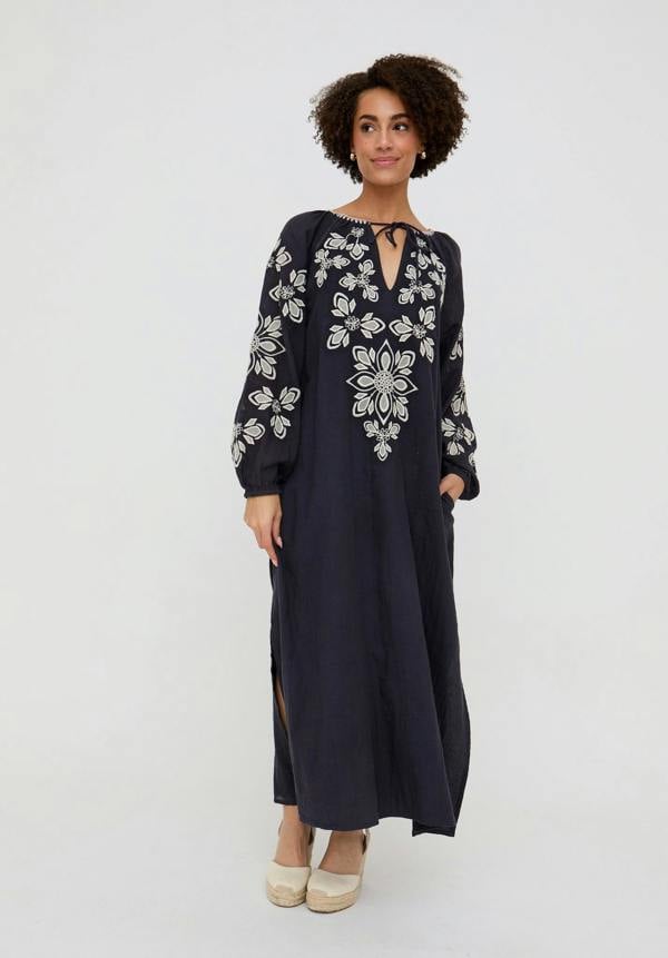 Elisa Kaftan Style Embroidered Maxi Dress In Navy - image 1