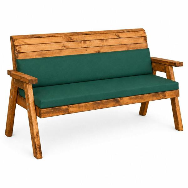 Samuel Alexander Hand Made 3 Seater Chunky Rustic Wooden Garden Bench & Waterproof Green Cushions
