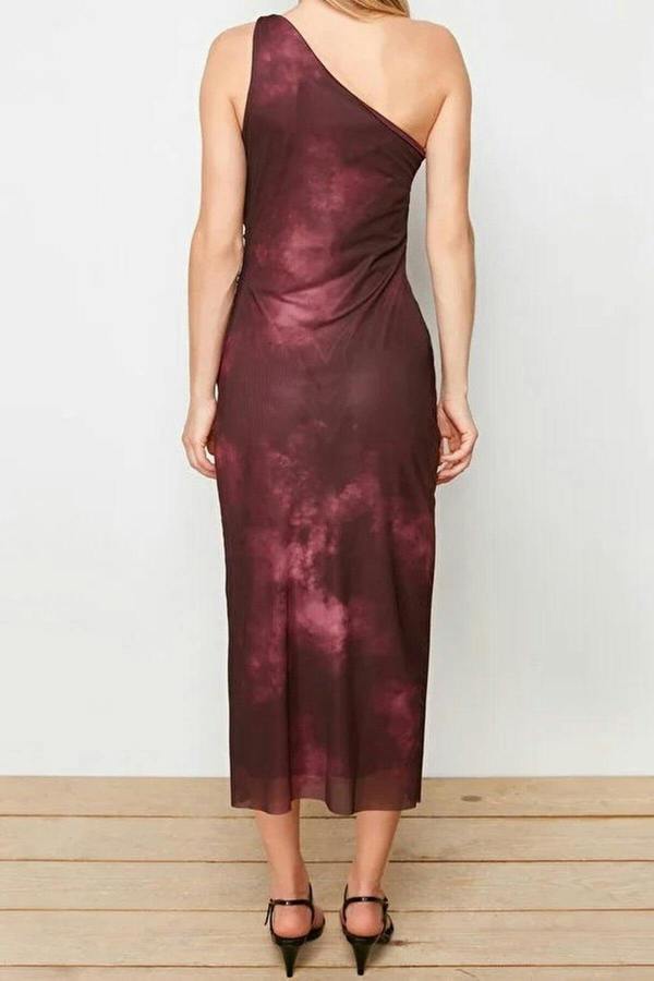 WOVCOR One-Sleeve Tulle Stretch Knit Midi Pencil Dress with Accessory Details