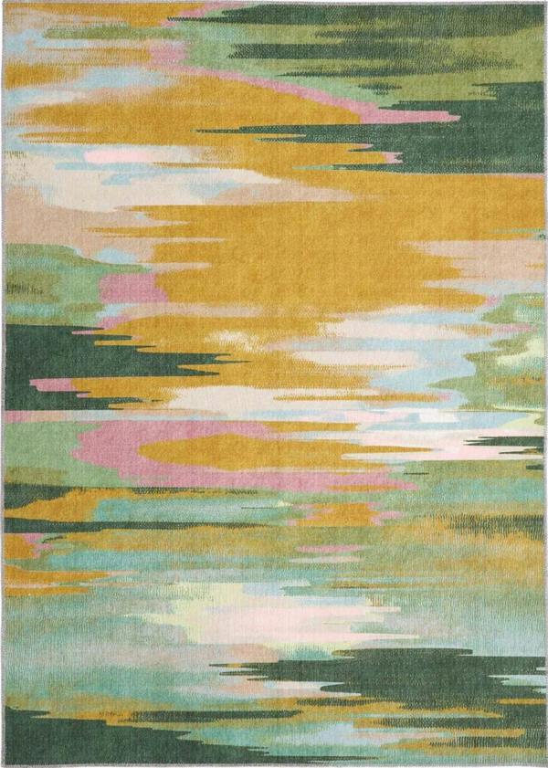 Multicolored abstract patterned rug with green, yellow, pink, and blue colors.