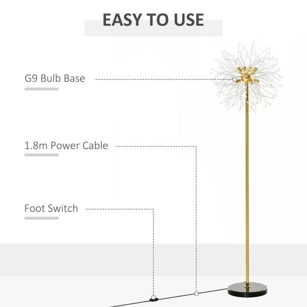 Gold tone dandelion crystal floor lamp with foot switch and power cable diagram
