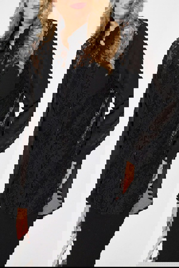 Black | Floral Lace Semi Sheer Long Sleeve Shirt
