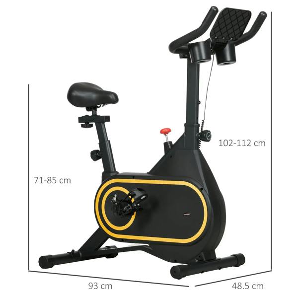Indoor cycling bike with size dimensions marked: 93 cm and 48.5 cm width