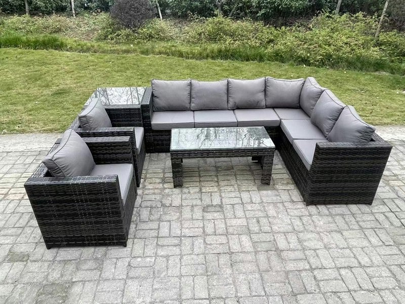 Fimous 8 Seater Rattan Corner Sofa Lounge Sofa Set With Rectangular Coffee Table Side Table 2 Arm Chair Dark Grey Mixed Right Hand